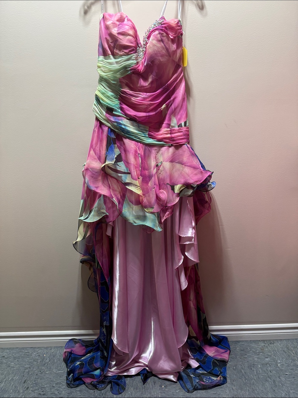Pink Watercolor High-Low Evening Dress with Spaghetti Straps